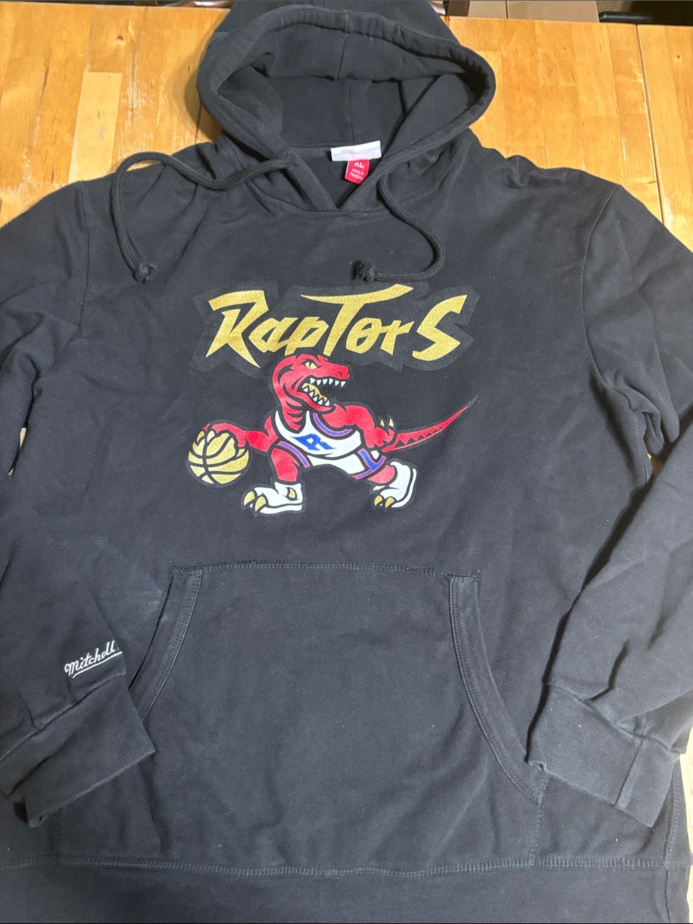 Mitchell & Ness Black Hoodie with Red Raptors Dino and Gold Script